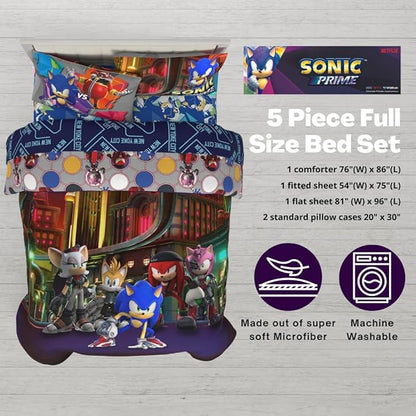 Sonic The Hedgehog Prime Anime Kids Bedding Super Soft Comforter and Sheet Set, 5 Piece Full Size, (Officially Licensed Product) by Franco