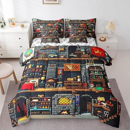 Building Games 7Pcs Comforter Set Queen Size,Sandbox Block Pixelated Bedding Set for Kids Teens Boys Room Decor,Miner Style Fitted Flat Sheet Cartoon Gamepad Reversible 2 Throw Pillow,2 Pillowcases