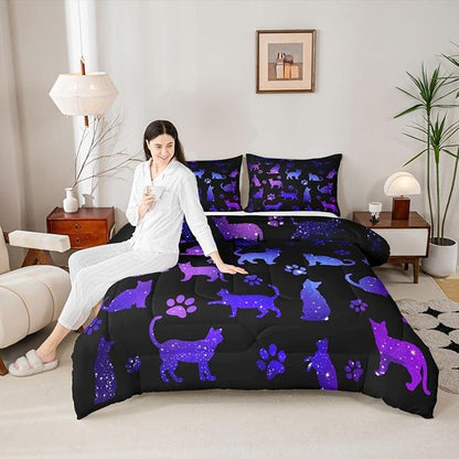 Erosebridal Cat Comforter Set Queen Lovers Bedding Cats Cartoon Silhouette Purple Blue Reversible Black Ombre Down Neon Pets Animal Paw Print Galaxy Slitter Stars Quilt For Kids Boys Girls,Multi 361