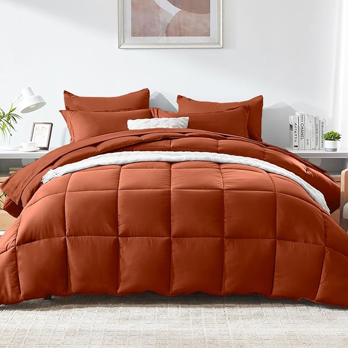 COZYART Full Comforter Set 7 Pcs, Burnt Orange Bed in a Bag, All Season Lightweight Soft Reversible Bedding Sets, 1 Comforter, 1 Flat Sheet, 1 Fitted Sheet, 2 Pillow Shams, 2 Pillowcases