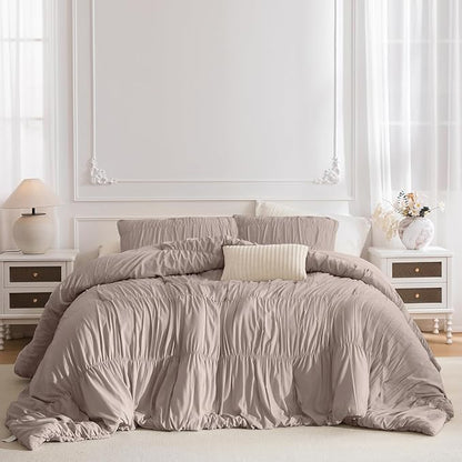 Lady Ann 128x120 Bed Comforter Set Camel Ruched Oversized King Boho Bedding Comforter Set for Bedroom Ultra Soft & Luxurious 3 Piece Fluffy Bed Sets