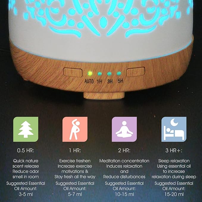 Earnest Living Essential Oil Diffuser White Ceramic Diffuser 250 ml Timers Night Lights and Auto Off Function Home Office Humidifier Aromatherapy Diffusers for Essential Oils