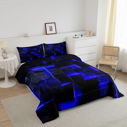 Navy Blue Black Bedding Twin 3D Glowing Buffalo Twin Comforter Set Modern Abstract Art Bedding Comforter Sets Geometric Plaid Duvet Insert, Gradient Futuristic Cubes Down Comforter (Black Reversible)