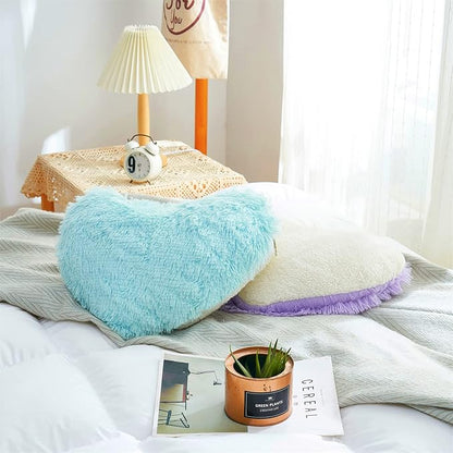MOOWOO Fluffy Heart Pillow Gift for Girls Kids, Shaggy Plush Faux Fur and Sherpa, Cute Soft Throw Cushion Gift for Thanks Giving,Mothers Day,Valentines Day Decor,Heart Shaped (Blue)
