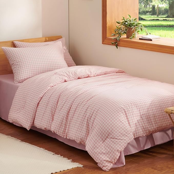 Nayoroom Pink Gingham Comforter Set Twin Size Plaid Checkered Dorm Bedding Set Girls 2 Pieces Soft Lightweight Grid Comforter for All Seasons (1 Comforter, 1 Pillowcase)