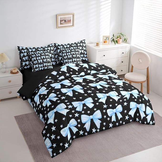 Erosebridal Bow Girls Black Blue Cute Full Comforter Set 7 Pieces | Dreamy Y2K Bed in A Bag for Bedroom Bowknot Kawaii Bedding Set with Comforters Starry Princess Room Decor