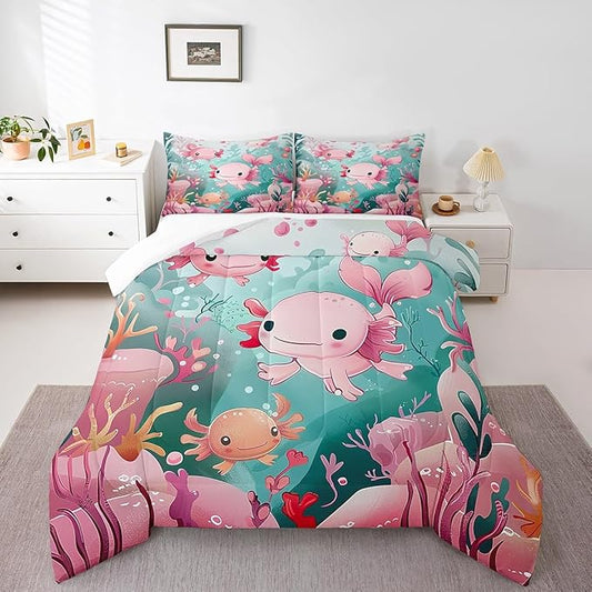 Cute Axolotl Kids Comforter Set Queen Size,Pink Kawaii Animal Ocean Sealife Bedding Set for Bedroom Soft Decor Cartoon Lovely Coral Undersea Quilted Duvet,2 Pillowcases