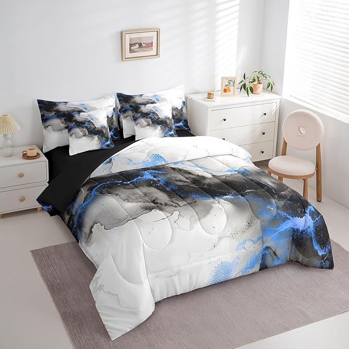 Black and Navy Blue Marbling Queen Comforter Set 7-Piece Aesthetic Marble Bedding Comforter Sets, Watercolor Artwork Bed in a Bag Abstract Marbling Bedding Set, Mountain Fluid Bed Sheets Set