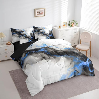 7pcs Black and Navy Blue Marbling Bedding Twin Size Aesthetic Marble Comforter Set, Watercolor Artwork Bedding Comforter Sets Abstract Marbling Bed in a Bag, Mountain Fluid Bedding Accessories