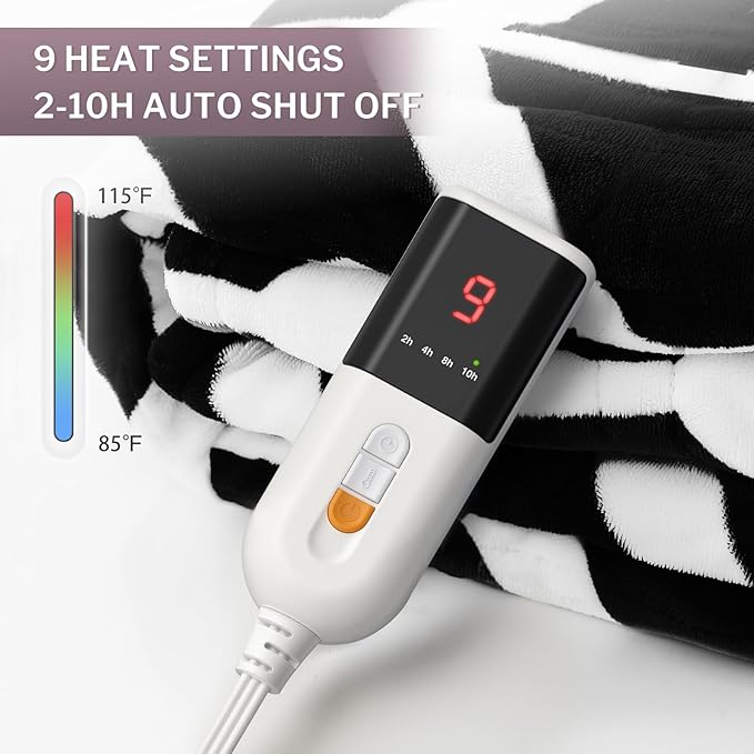 VENTIMI Electric Blanket Heated Throw, 62" x 84" Heated Blanket with 9 Heat Levels & 2 to 10 Hours Auto Off, Fast Heating Blankets with ETL & FCC Certification, Black