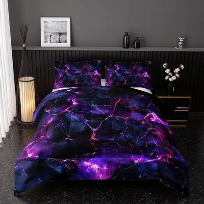 Purple Comforter Set King Size，Purple Marble Bedding Set 3 Pcs Bedding for Adults,Violet Marble Room Decor with Soft and Lightweight Comforter and 2 Pillowcases