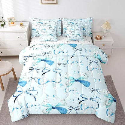 Feelyou Bow Bedding Set for All Season Boys Girls Full Size Cute Bowknot 7 Pieces Comforter Sets for Kids Women Men Blue Girls Bow Bed in a Bag with Comforter, Sheets, Pillowcases & Cushion Cover