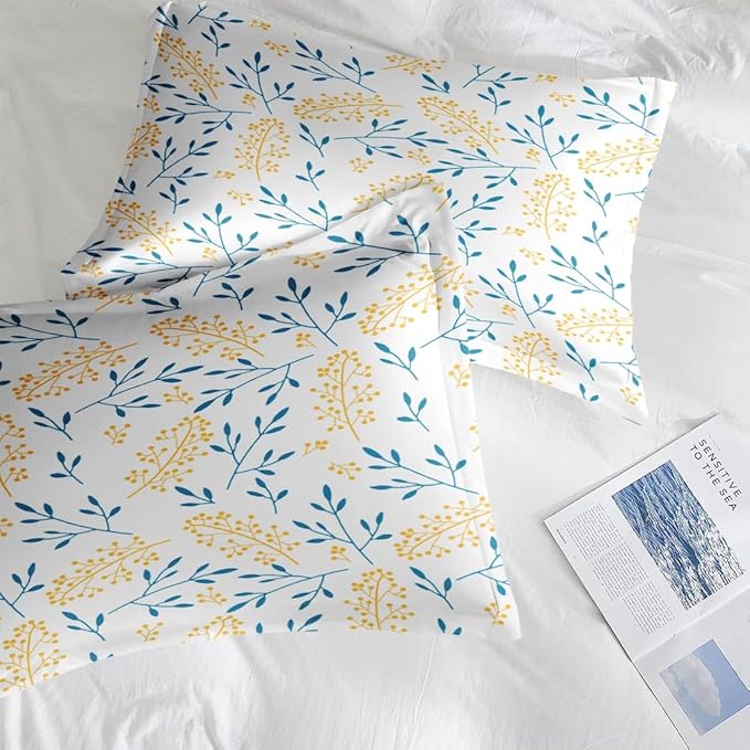 Comforter Set King Size, Floral Yellow Flower 7 Pcs Bedding for Kids and Adults, Blue Leaves Summer Bed Sheet Sets with Fitted Sheet 2 Pillowcases & 2 Shams for Bedroom Bed Decor