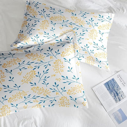 Comforter Set King Size, Floral Yellow Flower 7 Pcs Bedding for Kids and Adults, Blue Leaves Summer Bed Sheet Sets with Fitted Sheet 2 Pillowcases & 2 Shams for Bedroom Bed Decor