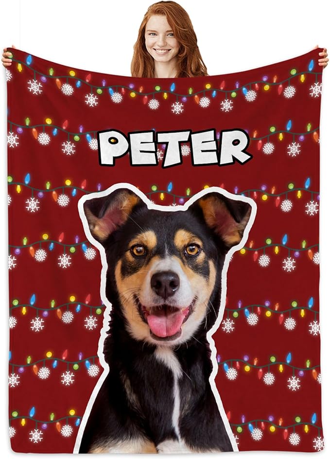Personalized Christmas Blanket with Pet's Picture & Name, Custom Puppy Photo Collage Throw Blanket, Pet Memorial Blanket Gift for Cat & Dog Lovers, Gifts for Dog Mom & Dad