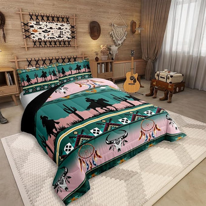 Erosebridal Western Comforter Set Queen Size, Longhorn Skull Dream Catcher Boho Bedding Set for Kids Boys Teens Adult Bedroom, Cowboy Horse Aztec Quilt Southwestern Geometric Duvet Insert, Green