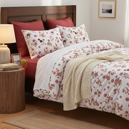 Nayoroom Vintage Floral Comforter Set Queen Size Red Pink Flower Botanical Leaf Pattern Spring Bedding Set 3 Pieces Soft Lightweight Aesthetic Garden Comforter for All Seasons