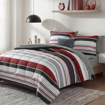 Monbix King Size Comforter Set - 7 Pieces Bed in a Bag King, Red and Black-Stripe Bedding Sets, All Seasons Comforter Bed Set with Sheets, Pillowcases & Shams