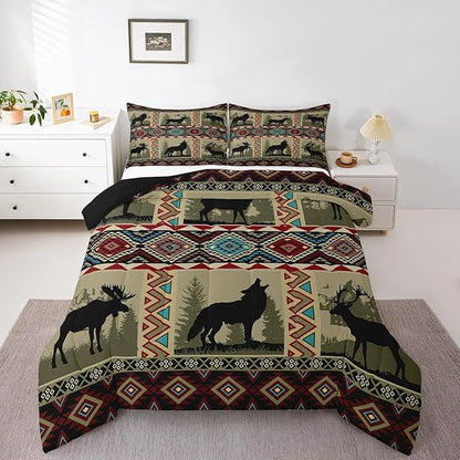 Western Bedding Sets Full for Boys,Wolf Comforter Set Moose Elk Deer Quilt Exotic Tribal Southwestern Native Geometric Aztec Duvet Insert,Vintage Woodland Wild Animal Room Decor