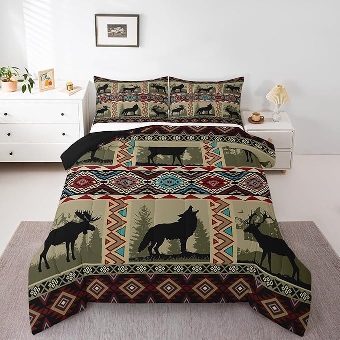Western Bedding Sets Twin for Boys,Wolf Comforter Set Reindeer Elk Deer Quilt Exotic Tribal Southwestern Native Geometric Aztec Duvet Insert,Vintage Woodland Wild Animal Room Decor