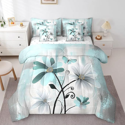 Feelyou Flower Comforter Set Queen Size 7 Pieces Vintage Floral Bedding Set for All Season Butterfly Botanical Nature Theme Bed in a Bag with Comforter, Sheets, Pillowcases & Cushion Cover