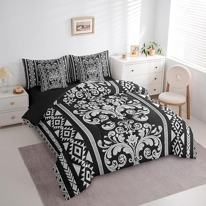 Comforter Set Full Size, Dusty Grey Aztec Damask 7 Pcs Bedding for Kids and Adults, Victorian Decor Western Baroque Goth Bed Sheet Sets with Fitted Sheet 2 Pillowcases & 2 Shams for Bedroom Bed Decor