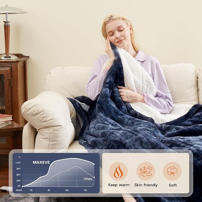 MAXEVE Electric Heated Throw Faux Rabbit Fur Blanket with 8 Heating Levels & 8 Hours Auto Off, Fast Heating Warm Cozy Sherpa Washable Blanket with Over-Heat Protection, ETL Certification, Blue