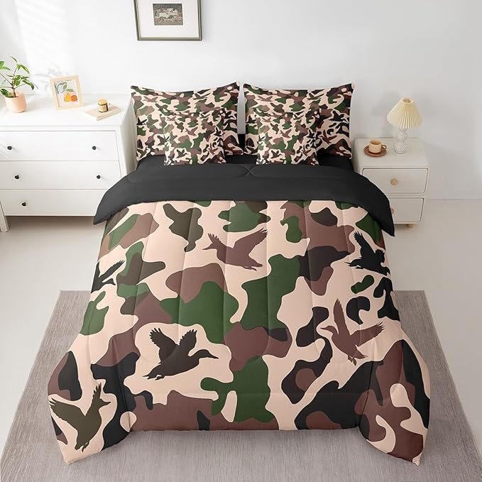 Erosebridal Duck Hunter 7 Piece Comforter Set King Size Camo Bedding for Kids Army Camouflage Hunting Bed in A Bag Sheet Set Vintage Green Black Bedroom Decor Wild Animal Duck Rustic Bed Set
