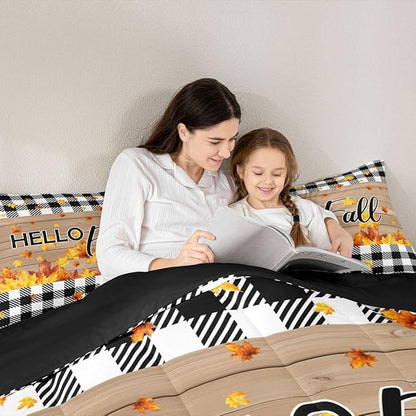Fall Thanksgiving Bedding Set Queen Autumn Harvest Seasonal Comforter Set Gifts For Kids Teen Adults,Black White Buffalo Plaid Checkered Comforter Rustic Farmhouse Quilt Bedding Brown 2 Pillow Cases