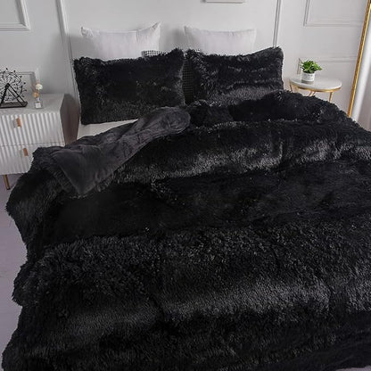 chovy Faux Fur Plush Black Comforter Sets Twin/Full Size - Ultra Soft Shaggy Flannel Velvet Fluffy Fuzzy 3PC Bedding Set （Comforter x 1 Pillowcases x 2）