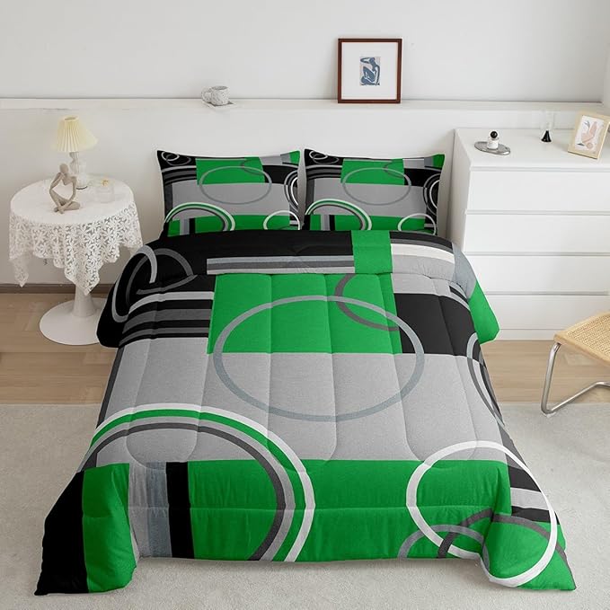Peacock Green Comforter for Bedroom Decor Circles Spiral Duvet Insert Chic Black Grey White Down Comforter Full Size Modern Swirls Square Quilt Set Abstract Graphic Texture Bedding Set