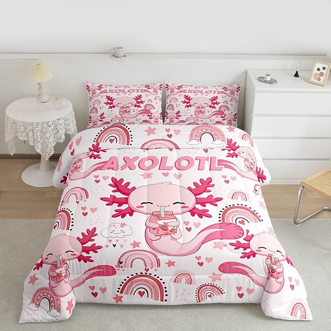 Manfei Cute Axolotl Kids Comforter Set King Size,Stars Rainbow Cartoon Bedding Set,Girls Boys Adults Room Decor,Strawberry Love Heart Romantic Down Comforter,Pink Kawaii Duvet Insert,2 Pillowcases