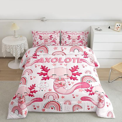 Manfei Cute Axolotl Kids Comforter Set Twin Size,Stars Rainbow Cartoon Bedding Set,Girls Boys Adults Room Decor,Strawberry Love Heart Romantic Down Comforter,Pink Kawaii Duvet Insert,1 Pillowcase