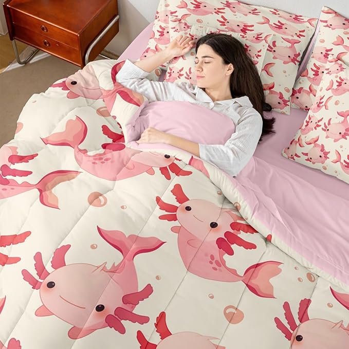 Erosebridal Axolotl Bed in A Bag Queen | Kawaii Pink Salamander Mermaid 7 Piece Comforter Set Ocean Animals Sheet Set Breathable Lightweight Underwater World Fitted Sheet Reversible