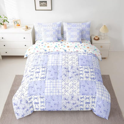 Feelyou Purple Bow Comforter Set with Sheets Twin Size Kids Bowknot Plaid 7 Pieces Bedding Set for Boys Girls Teens Gift for Girls Women Grid Bed in a Bag Breathable Princess Décor Bed Set