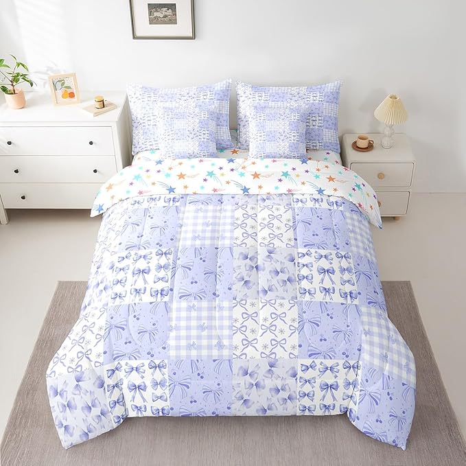 Feelyou Purple Bow Comforter Set with Sheets King Size Kids Bowknot Plaid 7 Pieces Bedding Set for Boys Girls Teens Gift for Girls Women Grid Bed in a Bag Breathable Princess Décor Bed Set