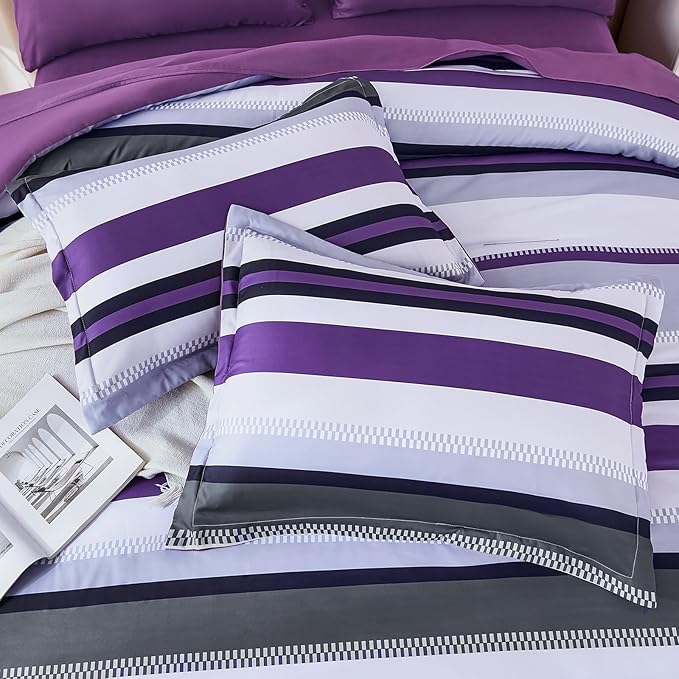 WONGS BEDDING Comforter Set King Size, Purple Bed in a Bag, 7 Pieces Comforter with Sheet Set, Striped Bedding Set for All Seaon (104"×90")