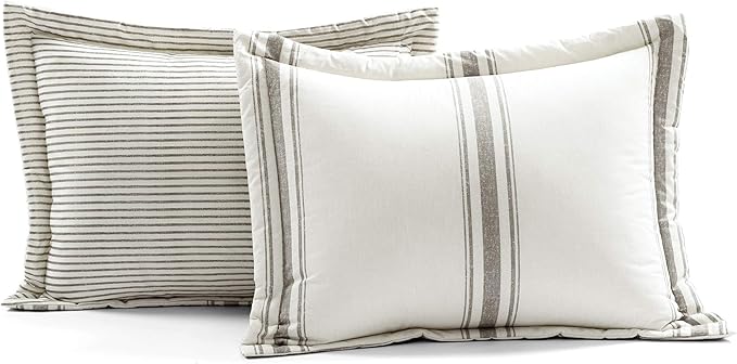 Lush Decor Stripe Reversible Cotton Comforter Set, Cozy Farmhouse Bedding Set, Full/Queen, Gray, 3 Piece Set