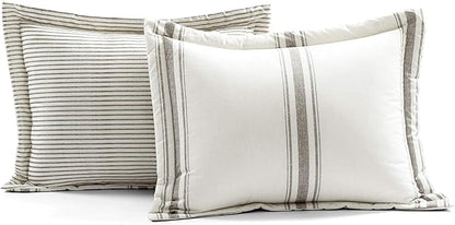 Lush Decor Stripe Reversible Cotton Comforter Set, Cozy Farmhouse Bedding Set, Full/Queen, Gray, 3 Piece Set