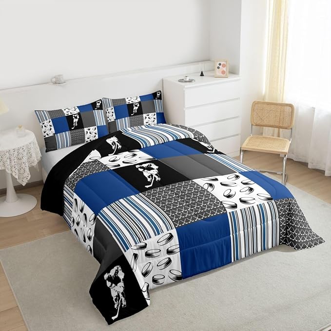 Feelyou Ice Hockey Bedding Set Soft for Boys Girls, Ice Sports Games Comforter Set King Size Hockey Player Duvet Quilt Microfiber Winter Sports Bedroom Decor Gray Blue 3 Pcs with 2 Pillow Cases