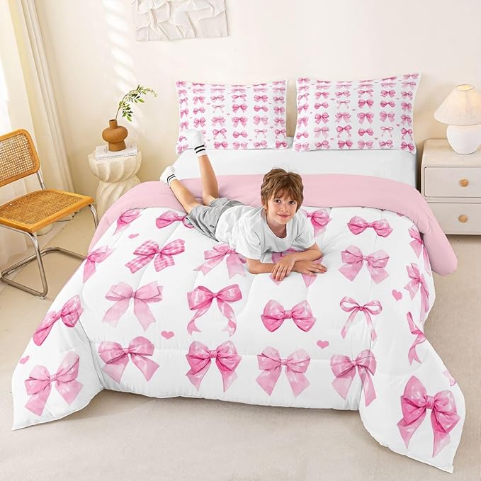 Castle Fairy Bow Bedding Sets King Size Girls Pink Bow Room Decor Coquette Style Bowknot Bedroom Decor for Kids Teens Woman Pink Watercolor Quilted Duvet Bed in a Bag 2 Pillowcase