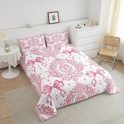 Feelyou Girls Pink Bowknot Comforter Set King Size Gothic Damask Comforter Victorian-Themed Bedding Set Baroque Duvet Set Vintage Floral Quilt Set 3Pcs