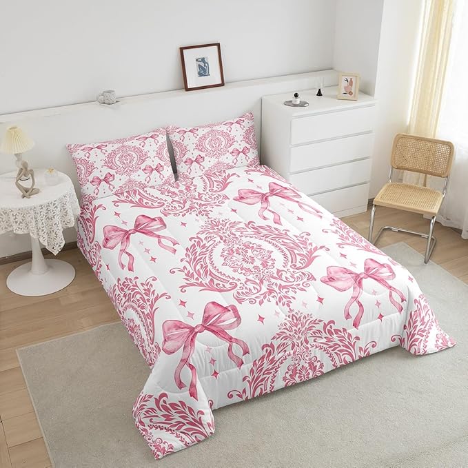 Feelyou Girls Pink Bowknot Comforter Set Twin Size Gothic Damask Comforter Victorian-Themed Bedding Set Baroque Duvet Set Vintage Floral Quilt Set 2Pcs