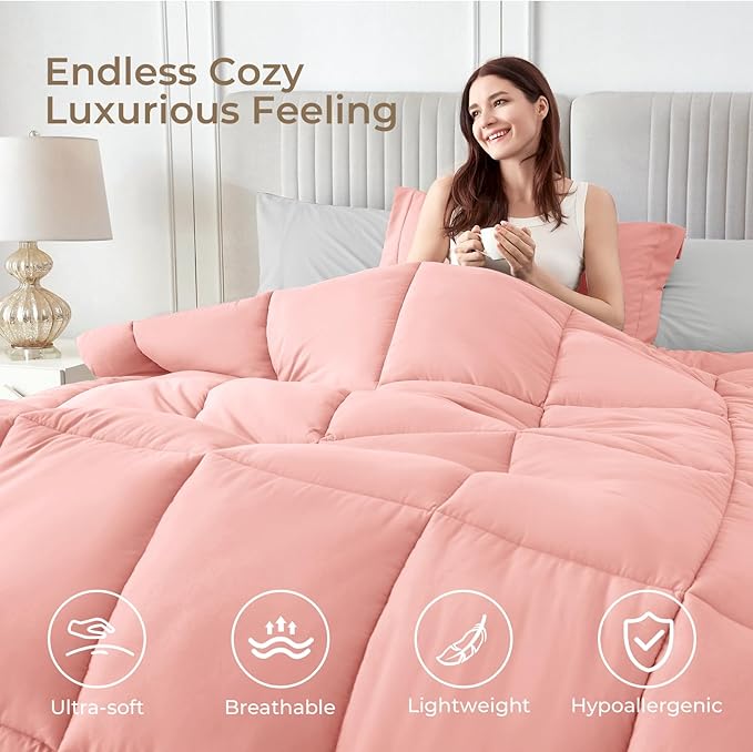 Sasttie King Size Comforter Set, 7 Pieces Reversible Bed in a Bag King, Complete Bedding Set Includes Comforter, Flat Sheet, Fitted Sheet, Pillowcases and Pillow Shams, Pink & Light Grey