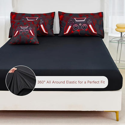 URBONUR 6 Pieces Twin Size Bed in a Bag 3D Gamer Game Console Printed Bedding Set Black and Red Kids Boys Gaming Comforter Set