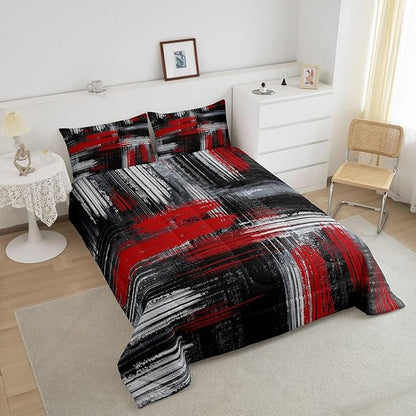 Feelyou Red Black and Grey Comforter Geometric Artistic Smear Comforter Set Abstract Graffiti Art Bedding Set Contemporary Modern Brush Design Duvet Set Room Decor Quilt Set Toddler Size