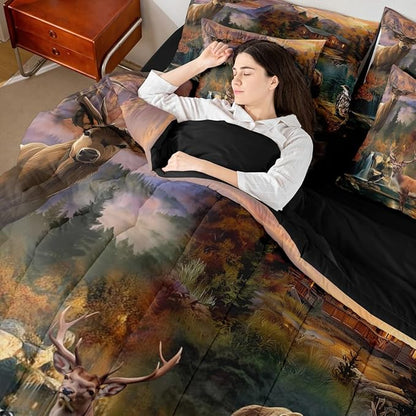 Erosebridal 7 Pieces Deer Bear Hunting Comforter Set Rustic Cabin Lodge Bedding Set Twin Size for Kids Teens Adults Country Farmhouse Woodland Animal Quilt Sets Antler Moose Bear Bed in A Bag