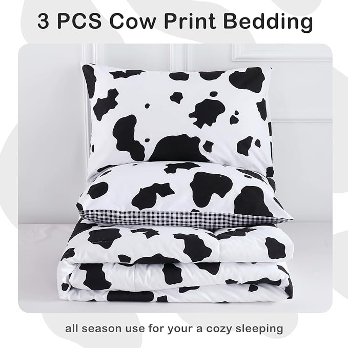 PERFEMET Cow Print Bedding Comforter Set Queen Size Black and White Reversible Geometric Checkered Bedding Set for Kids Teens Boys Girls Rustic Animal Cowhide Pattern Bed Quilt Set