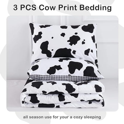 PERFEMET Cow Print Full Comforter Set Boys 3 Piece Cartoon Milk Bedding Set Cowhide Bed Set Reversible Plaid Teen Girls Bed Sets with Pillowcases (Full, Black and White)