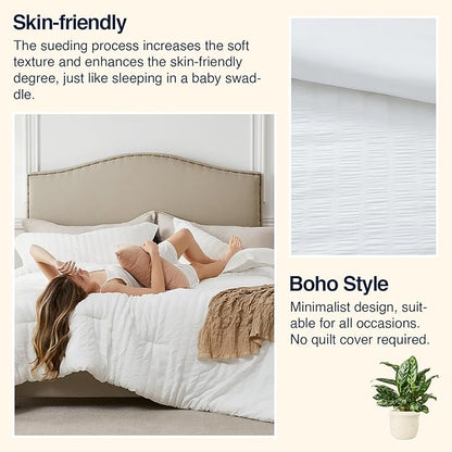 White Full Comforter Set - 3 Pieces Seersucker Lightweight Bedding Comforter Sets (1 Soft Fluffy Comforter & 2 Pillowcases) - All Seasons Cozy Modern Bed Sets for Women Men
